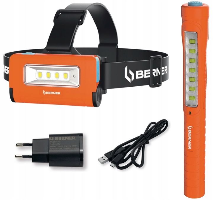Zestaw Lampka czołowa 2-w-1 USB-C Berner 1006905 + Penlight LED + ładowarka USB-C Berner 1006910