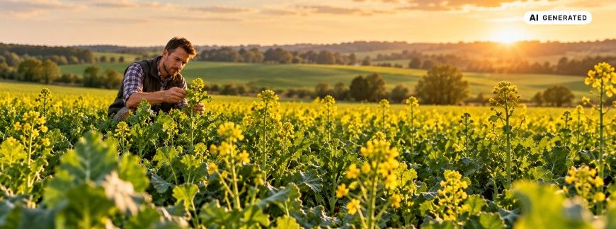 Rolnik kontrolujący stan roślin na plantacji kwitnącego rzepaku - AI GENERATED
