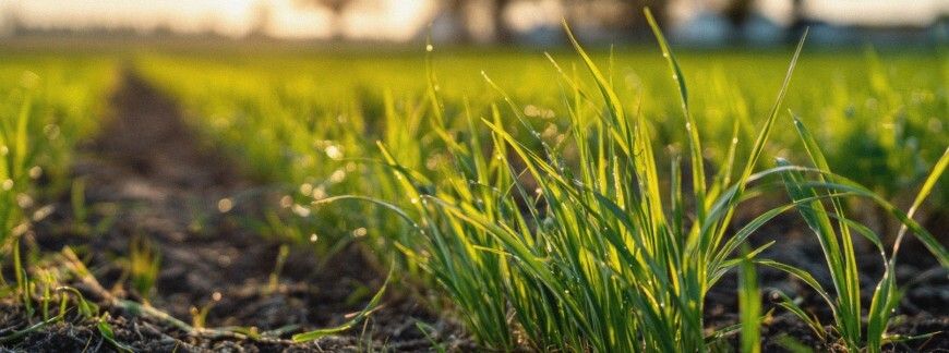 Młode rośliny pszenicy z kroplami rosy na liściach jako przykład mokrych roślin przed opryskiem
