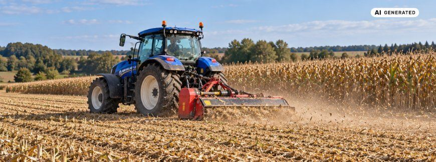 Ciągnik New Holland z mulczerem podczas rozdrabniania resztek pożniwnych kukurydzy - AI GENERATED
