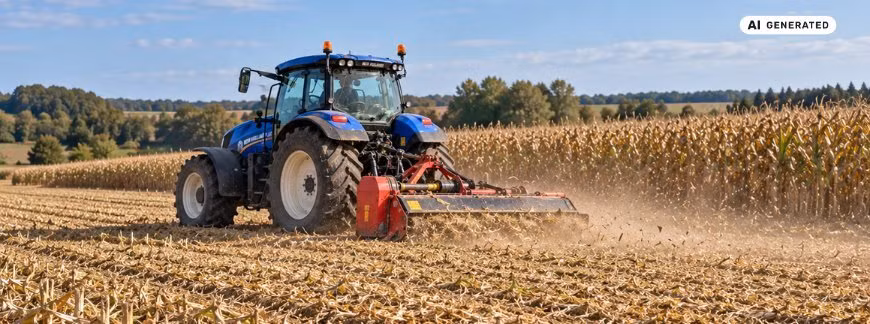 Ciągnik New Holland z mulczerem podczas rozdrabniania resztek pożniwnych kukurydzy - AI GENERATED