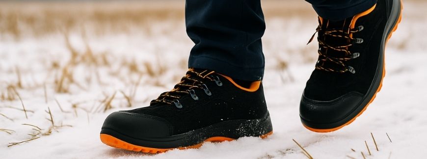 Buty robocze na zimę podczas marszu po ośnieżonym polu