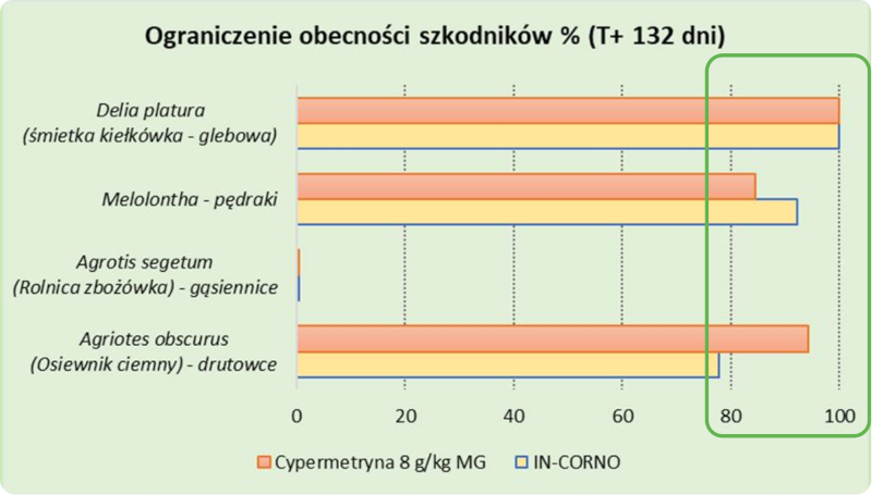 IN-CORNO - ograniczenie obecności szkodników % (T+ 132 dni)