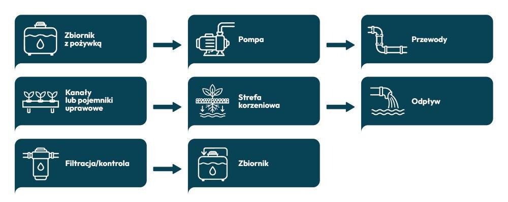 Schemat recyrkulacyjnego systemu hydroponicznego ze zbiornikiem pożywki, pompą, przewodami, kanałami uprawowymi, strefą korzeniową, odpływem i powrotem pożywki do zbiornika Schemat recyrkulacyjnego systemu hydroponicznego ze zbiornikiem pożywki, pompą, przewodami, kanałami uprawowymi, strefą korzeniową, odpływem i powrotem pożywki do zbiornika